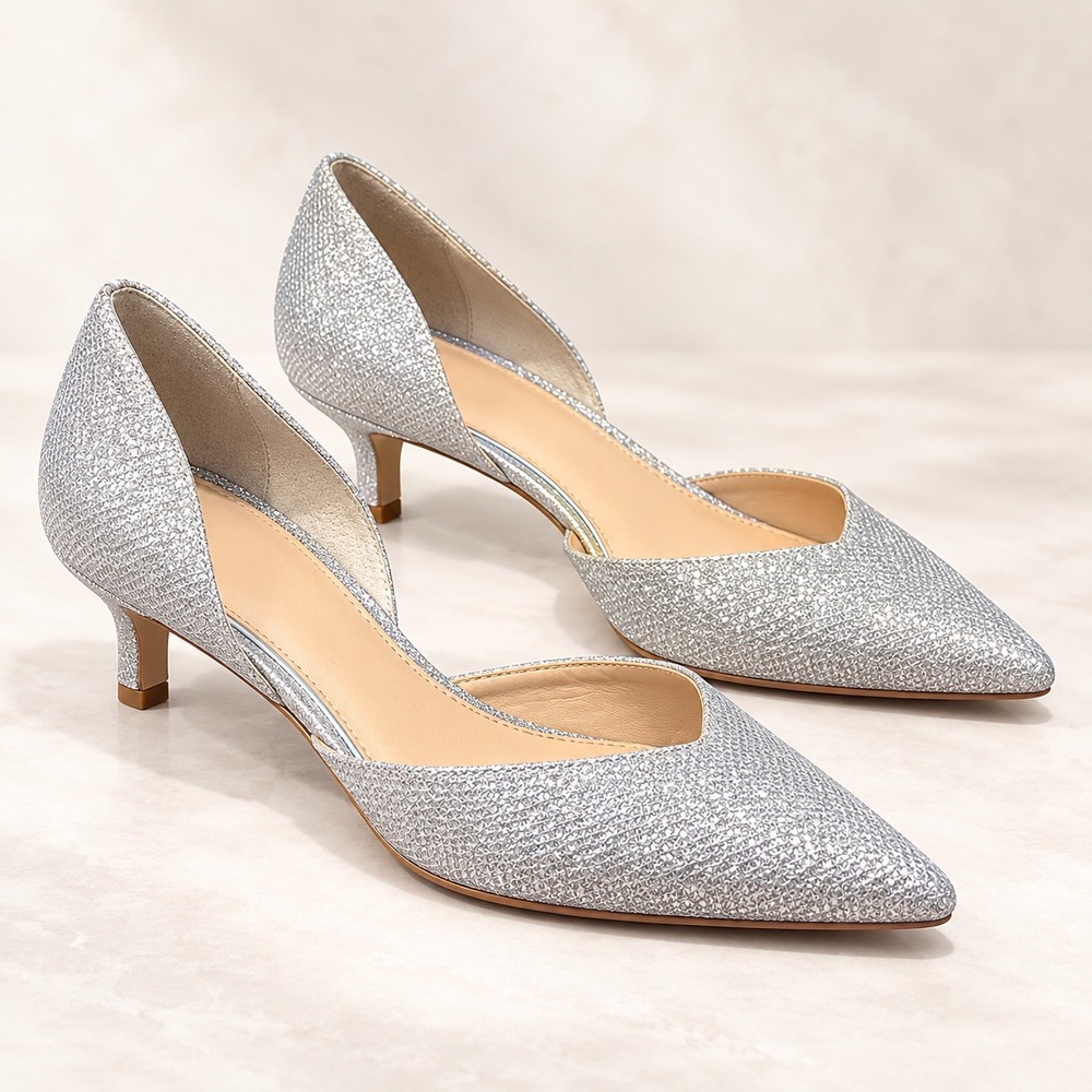 Jewel Badgley Mischka Silver Glitter D'Orsay Pointed Toe Kitten Heels Size 7